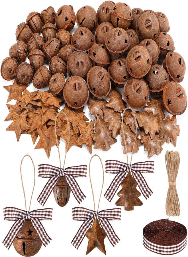 Vertintong 80 Pcs Christmas Rusty Metal Jingle Bells Kit Includes 25 Retro Rusty Bells 25 Rustic Metal Star 15 Country Acorn 10 Christmas Tree Bell with Jute Rope Ribbon Xmas Wreath Holiday Decoration - Image 1